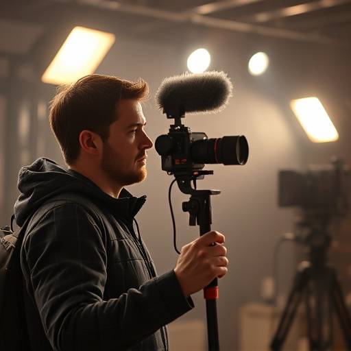 Technicien de prise de son avec un microphone perche en plein tournage